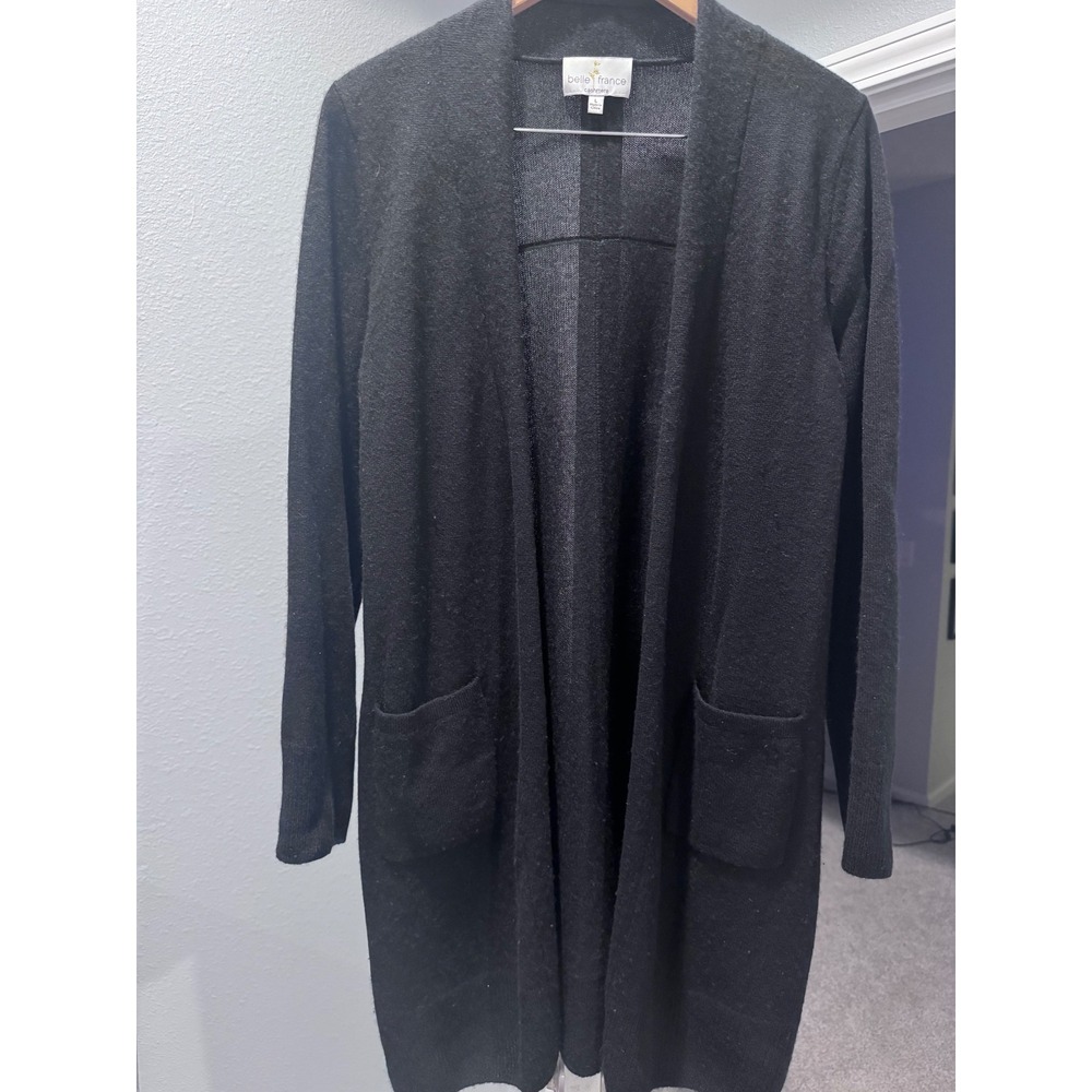 Belle France Longline Cardigan Women's Large Black Cashmere Duster Pockets